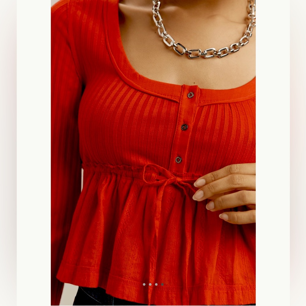 Anthropologie Ribbed Long Sleeve Shirt Pilcro Scoop Neck Cropped New XS Red